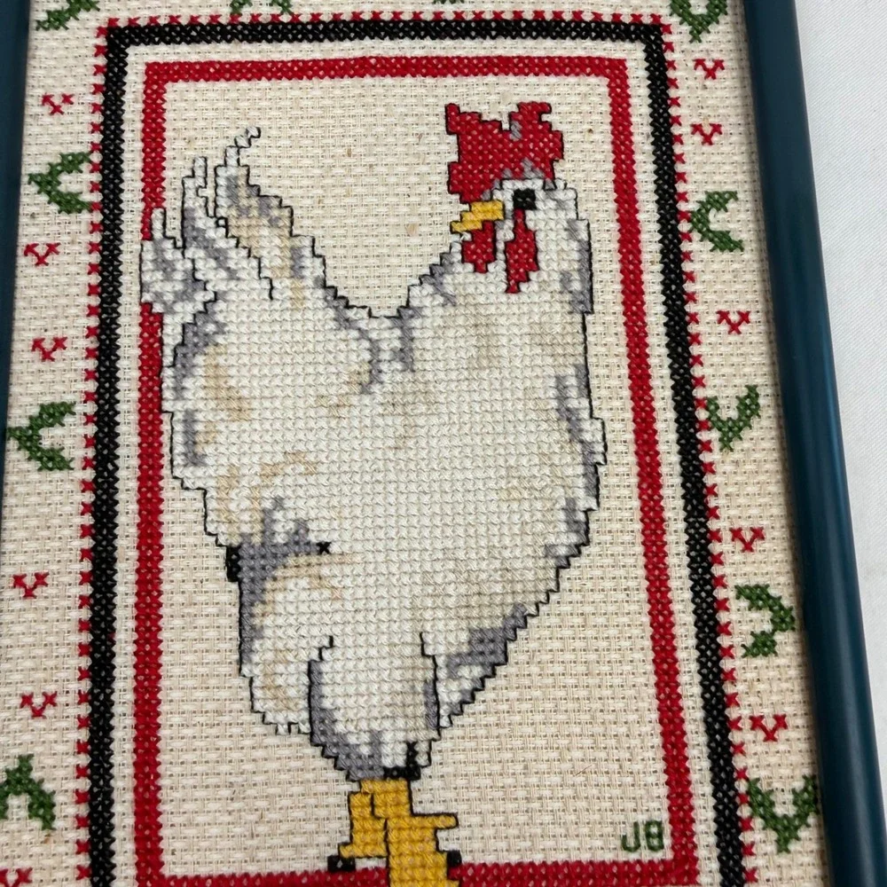 Vintage Handmade Framed Rooster Cross Stitch Needlepoint Farmhouse Decor JB